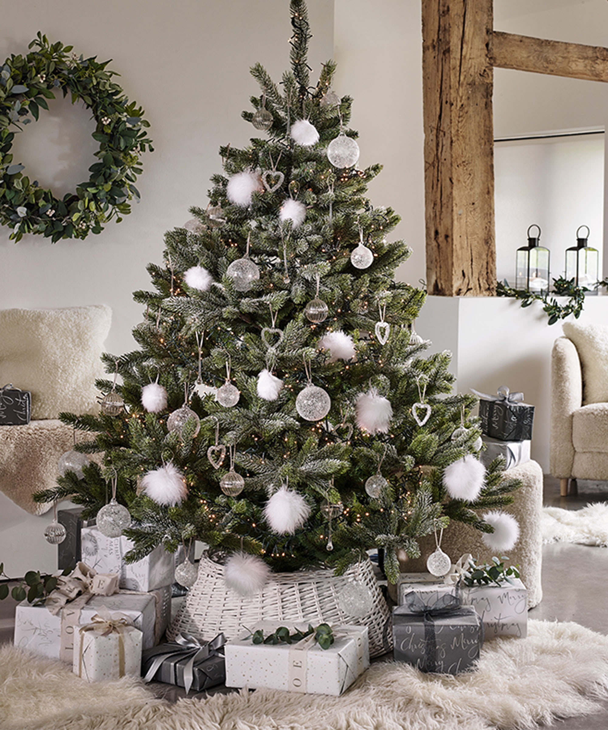 Jupe De Sapin De Noël En Peluche – Flocons Argentés, Diamètre 80 Cm, Velcro, Cache Pied Et Décoration