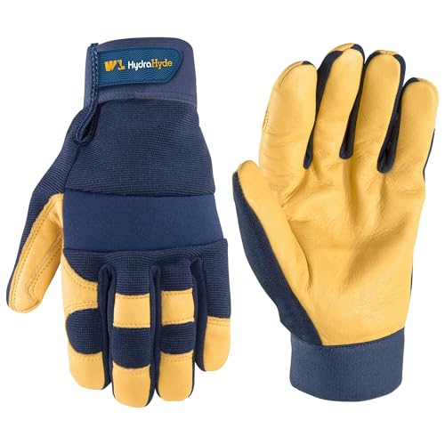 Wells Lamont Gants de travail en cuir avec paume pour hommes | Robuste, ajusté pour une dextérité améliorée | Fabriqué avec de l'hydrhyde résistant à l'eau, bleu, grand (3207 l)