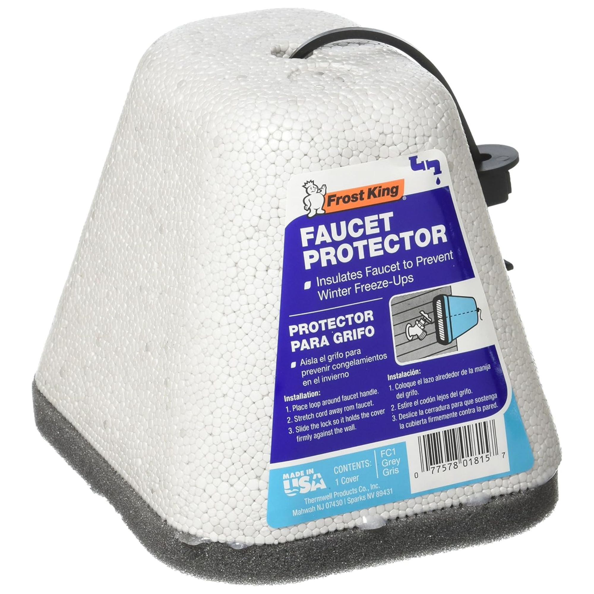 Cache robinet extérieur en mousse blanche et grise avec étiquette bleue