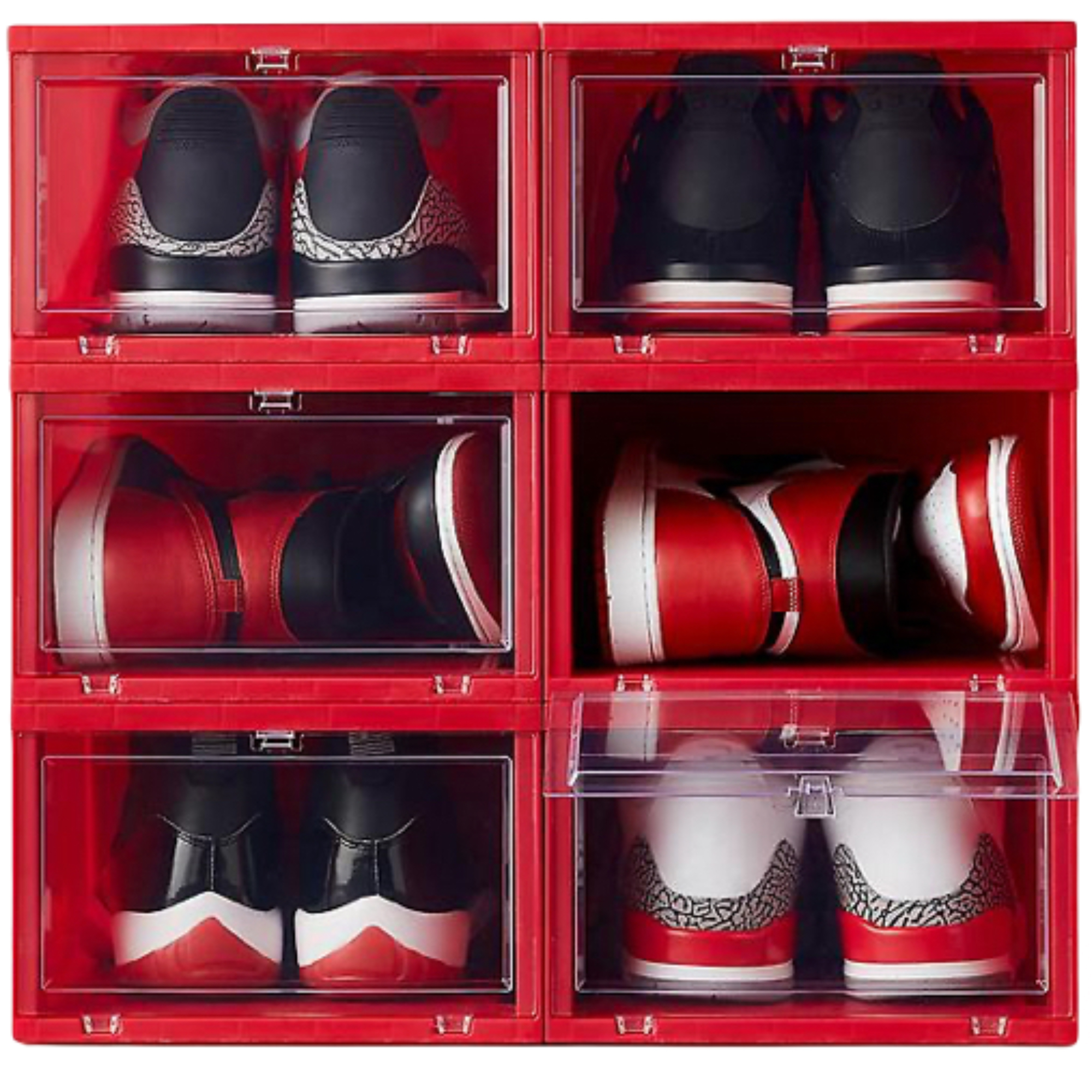 Le contenant Store Large Drop Front Shoe Box rouge, 6 boîtes, couvercle à charnière transparent