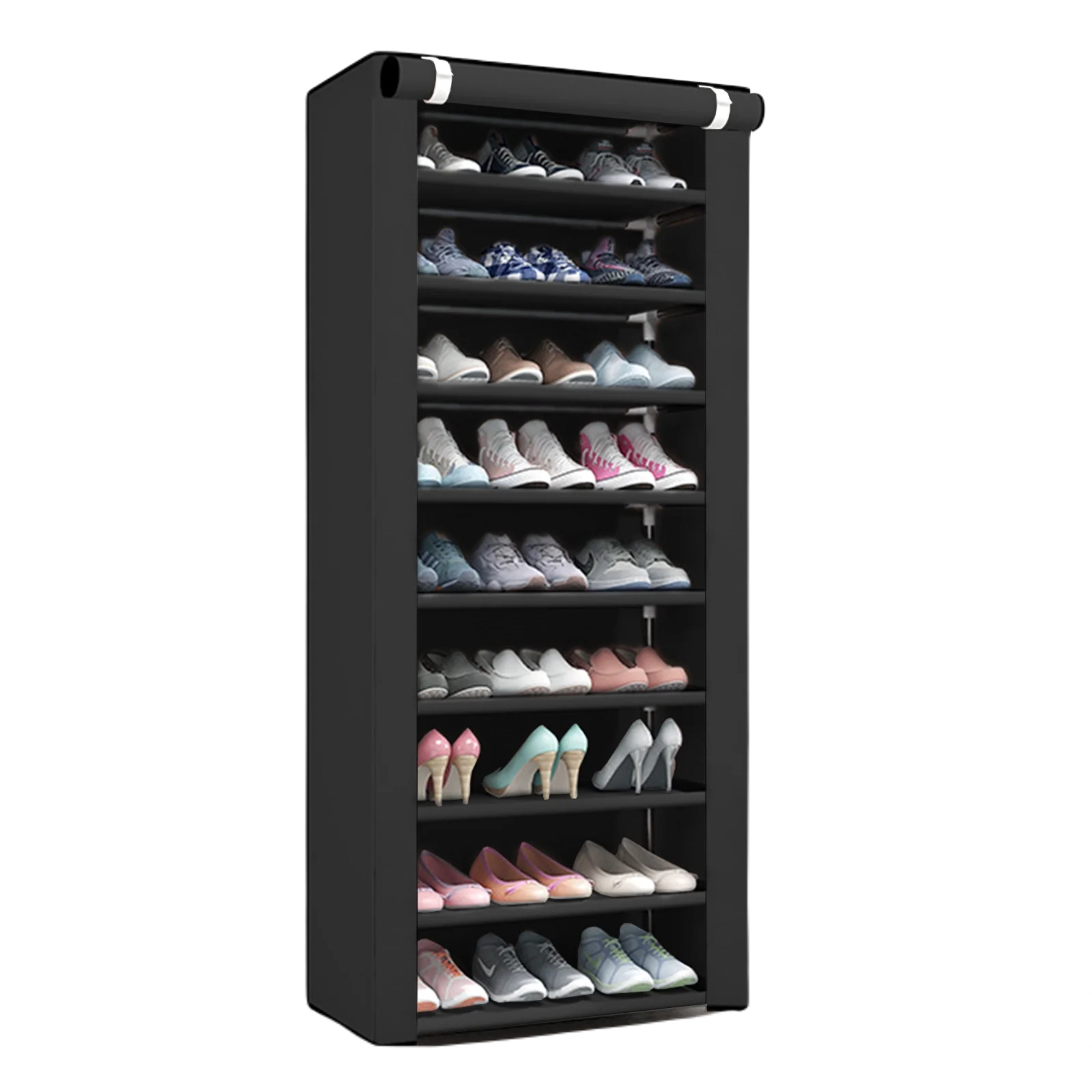 Rack de chaussures portable avec 10 niveaux et couvercle en bas en noir