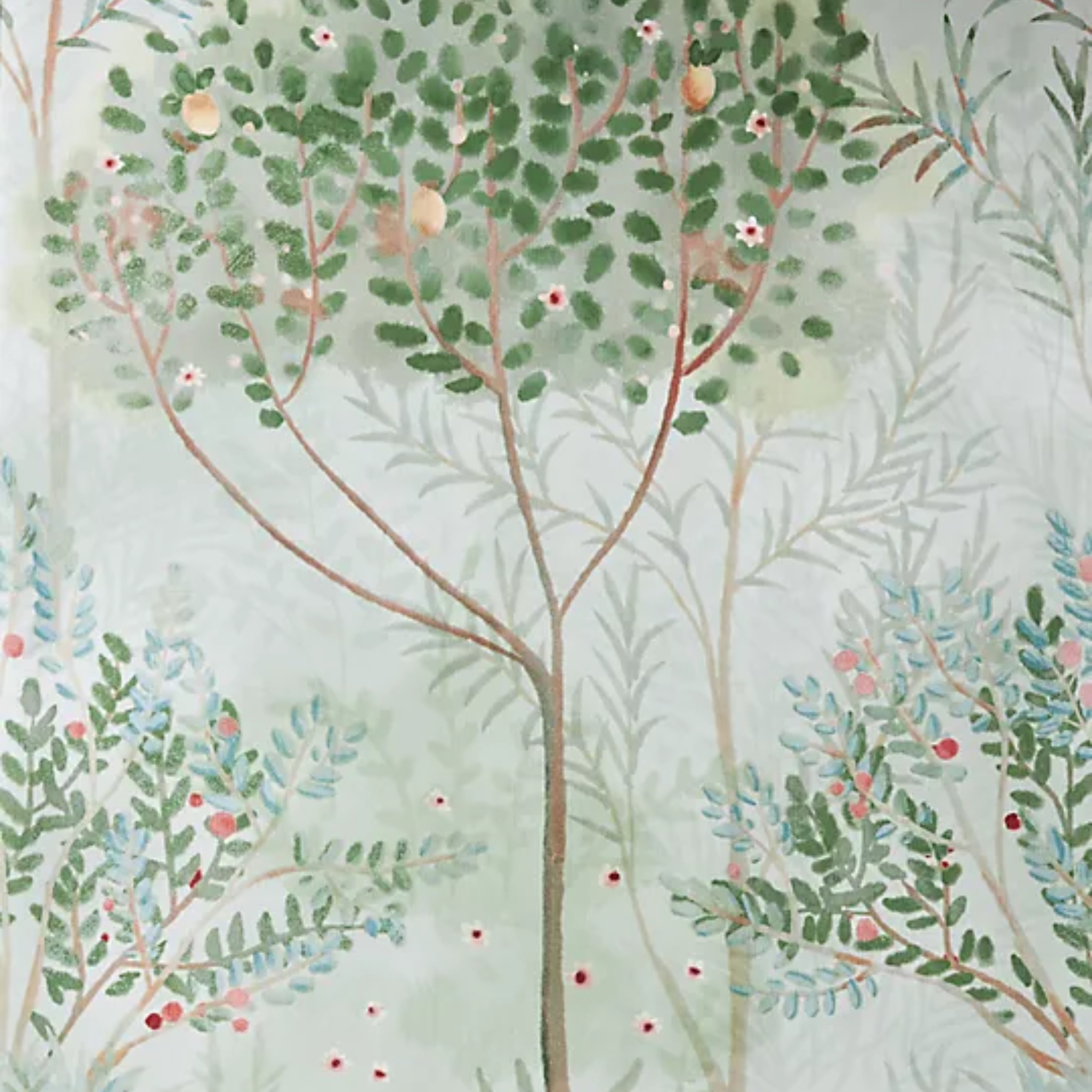 Fond d'écran d'orchers vert avec design d'arbres et de fruits 