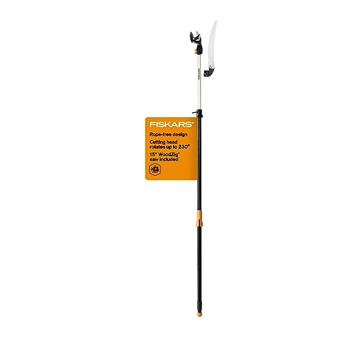 Fiskars 2-in-1 Trepper arbre extensible et scie à poteau (s'étend sur 7,9 à 12 pieds) avec tête rotative, modèle Stik élagant avec une lame de scie à double grince de 15 pouces et un système de verrouillage à double