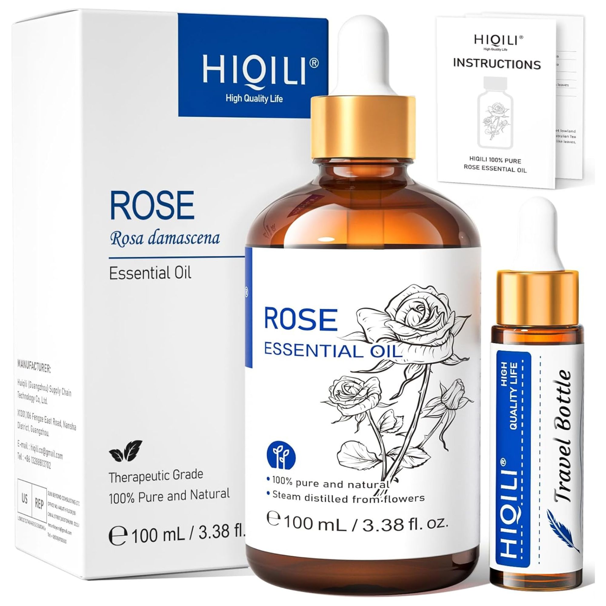 Une bouteille brune d'huile essentielle rose avec pipette et emballage en carton blanc