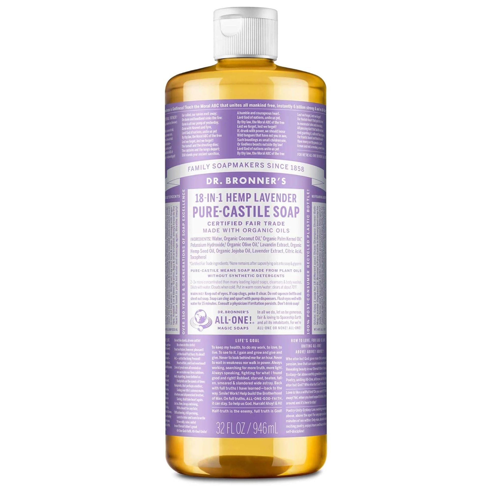 Une bouteille claire de savon Castille du Dr Bronner avec un couvercle blanc et un étiquette violette et blanc