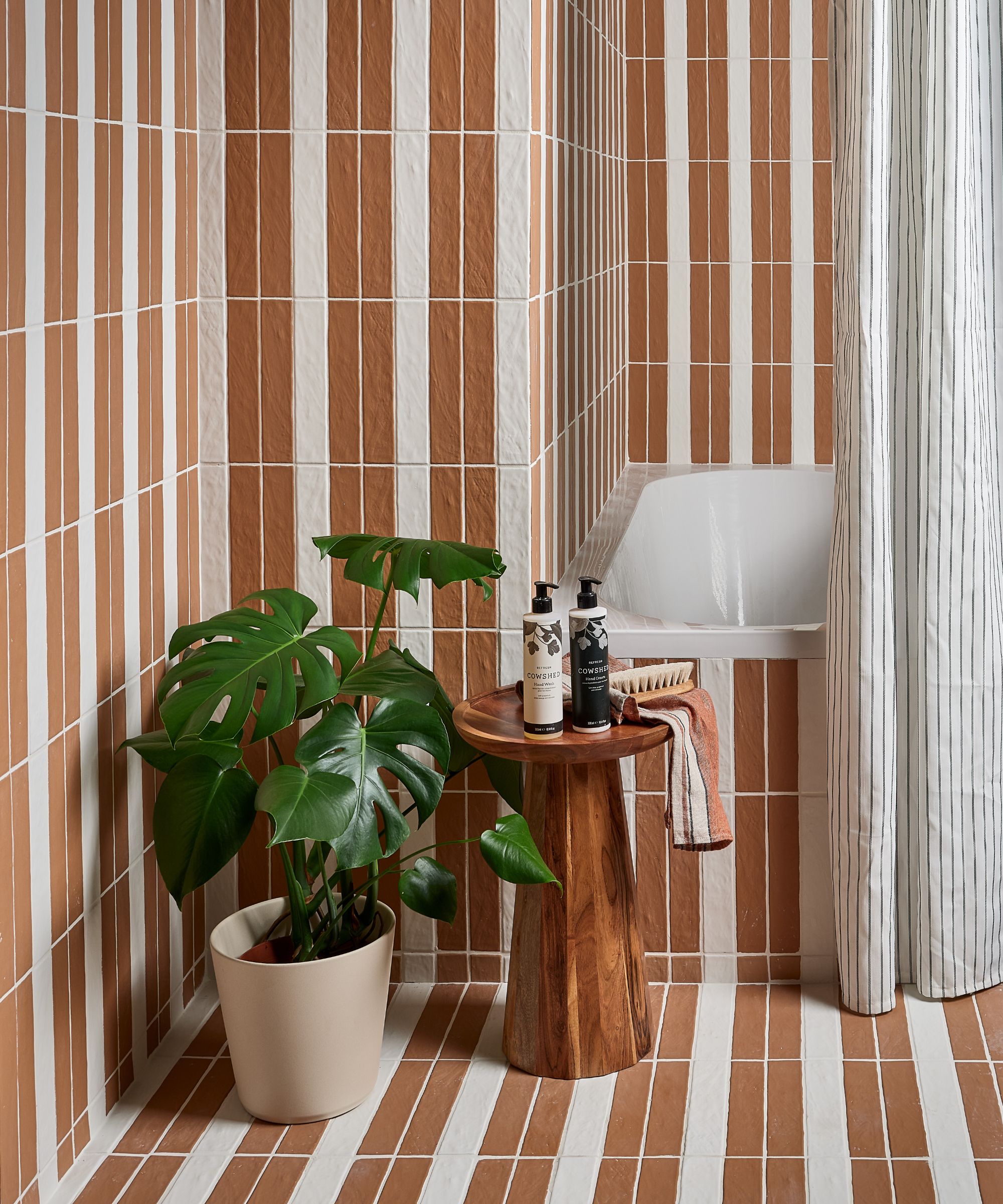 Une salle de bain carrelée brune et blanche avec carrelage de haut en bas, une plante de monstera verte dans un pot beige, une table en bois avec des bouteilles et une serviette dessus, et un rideau de douche à rayures blanches et noires