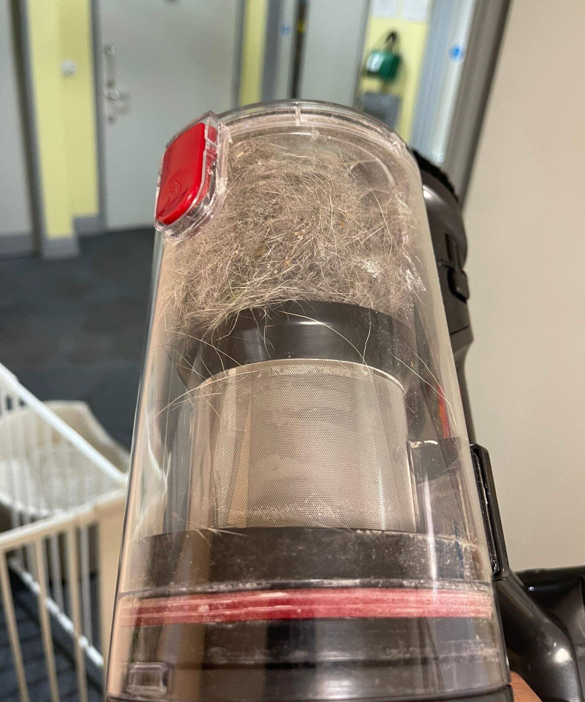 Ultenic U16 Flex Dustbin avec poils d'animaux à Bristol Arc devant une pièce vide avec des murs jaunes, un sol gris foncé et une barrière de chien.