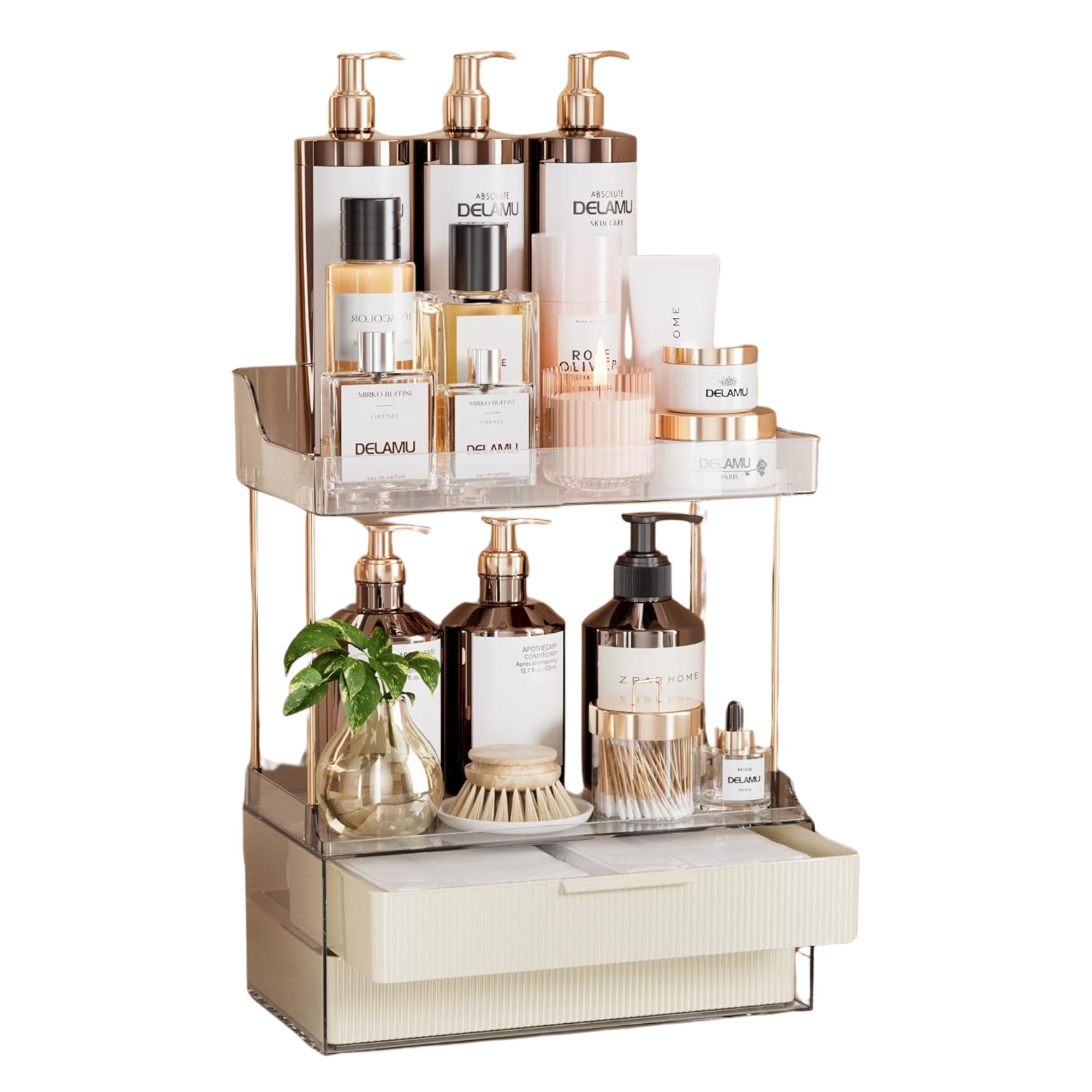 Un organisateur de salle de bain à deux niveaux avec des tiroirs et des accents en métal en or rose, rempli de bouteilles en verre avec des couvercles en or rose et des brosses à nettoyer
