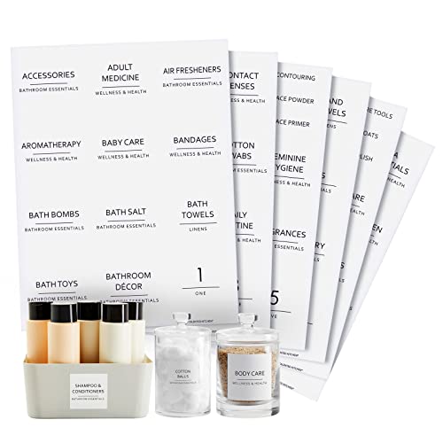 Cuisine talentueuse ensemble de 174 pièces d'étiquettes minimalistes de salle de bain pour organiser des armoires à pharmacie, imprimé noir sur des autocollants blancs pour le maquillage, les cosmétiques, les bouteilles de douche (résistant à l'eau)
