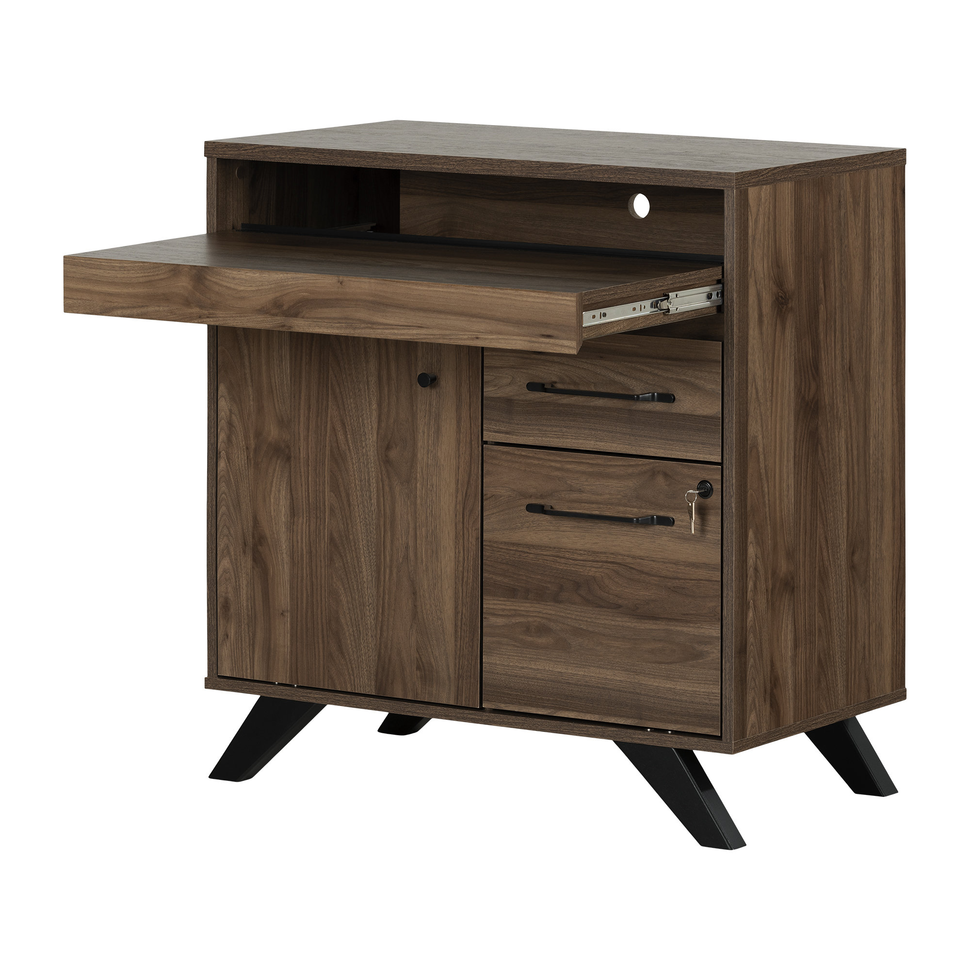 Une unité d'armoire à effet de bois avec un tiroir de bureau coulissant. 