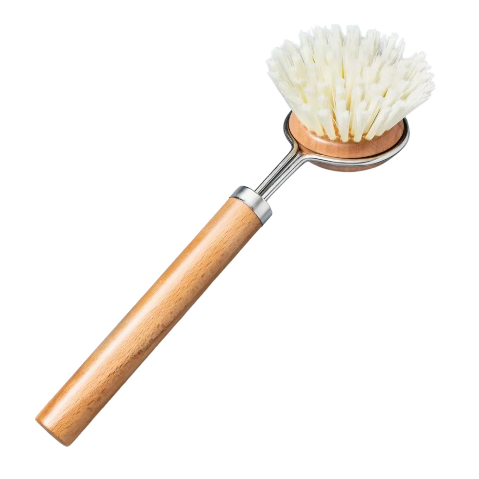 Une brosse à plat en bois et en métal avec tête ronde et poils blancs
