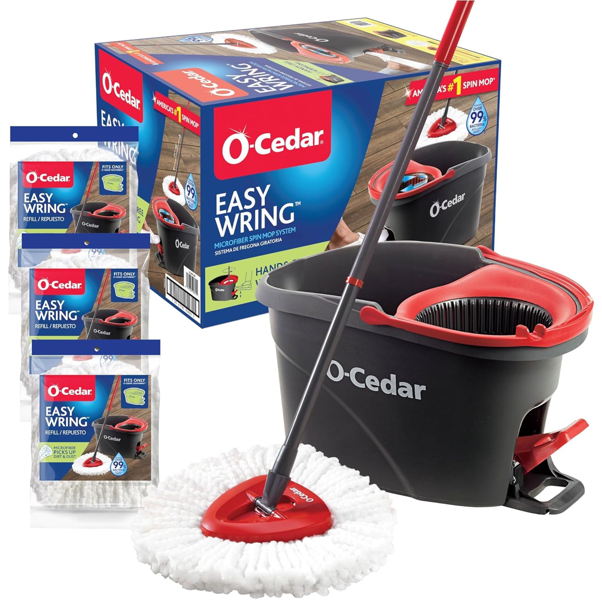 MOP Easy Wring avec seau, emballage en carton et trois recharges