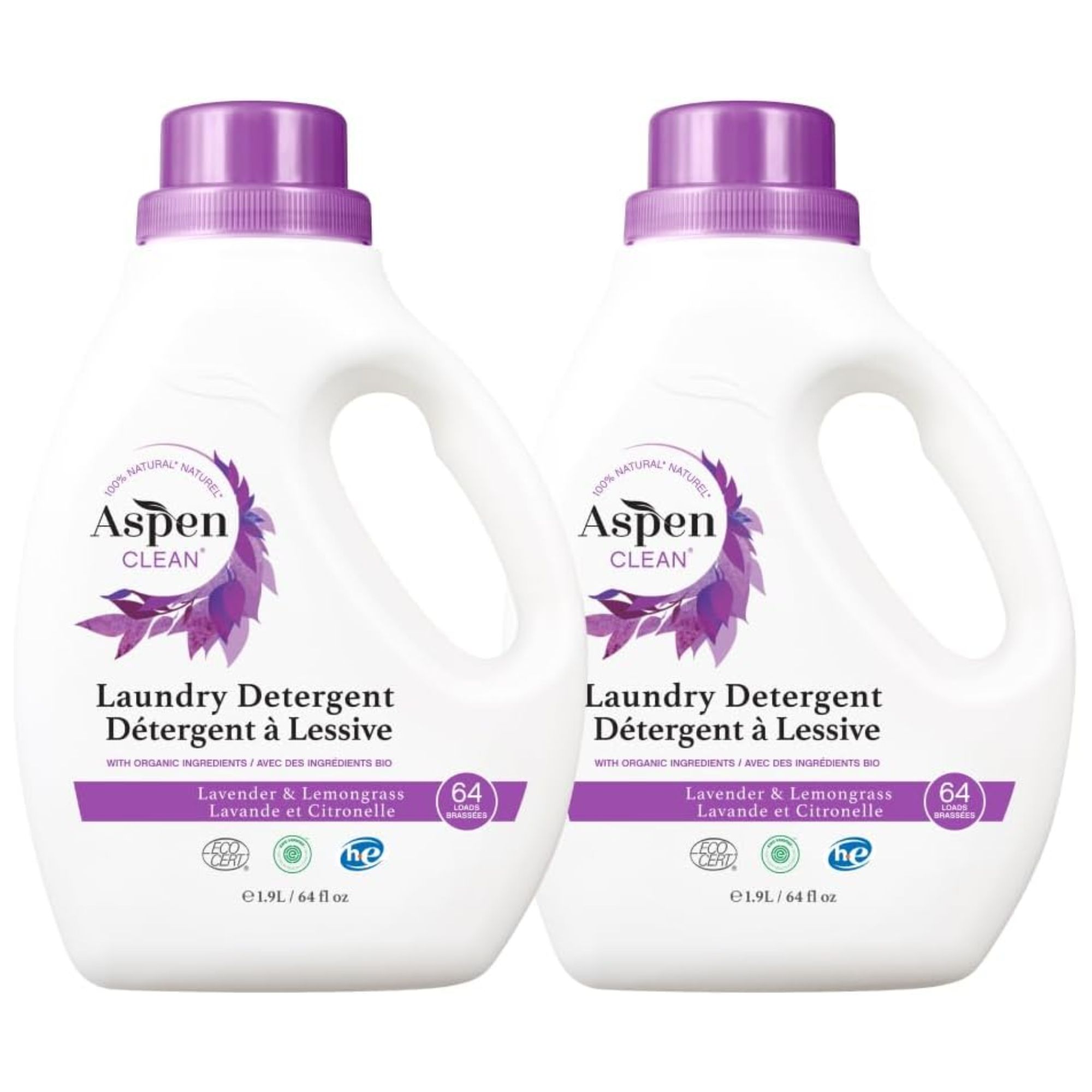 Deux bouteilles blanches de détergent à lessive liquide avec des bouchons et des étiquettes violets