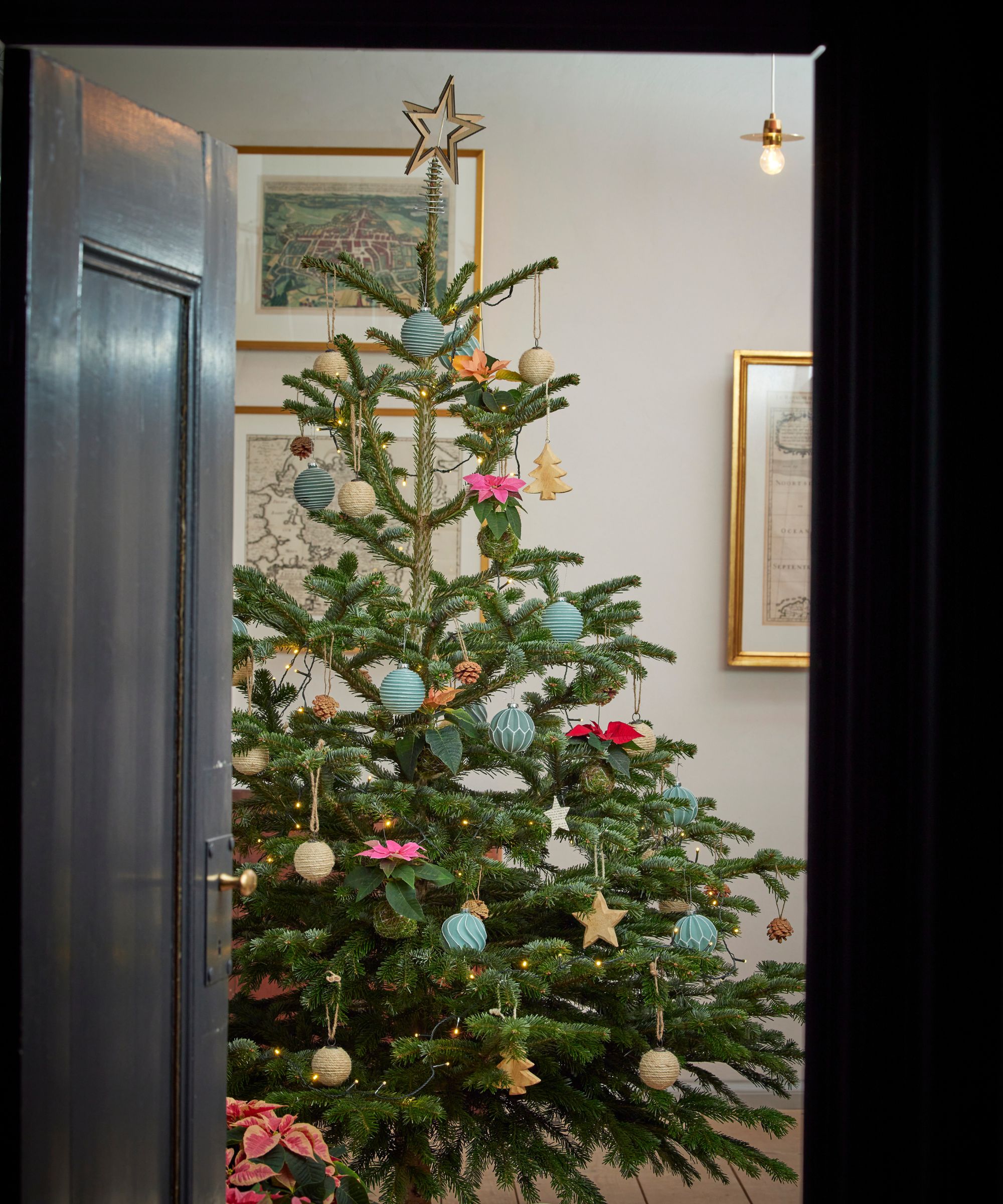 Un arbre de Noël aux couleurs vives au-delà d'une porte peinte sombre