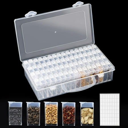 Une boîte de stockage de graines en plastique transparent avec 64 boîtes et étiquettes individuelles. 