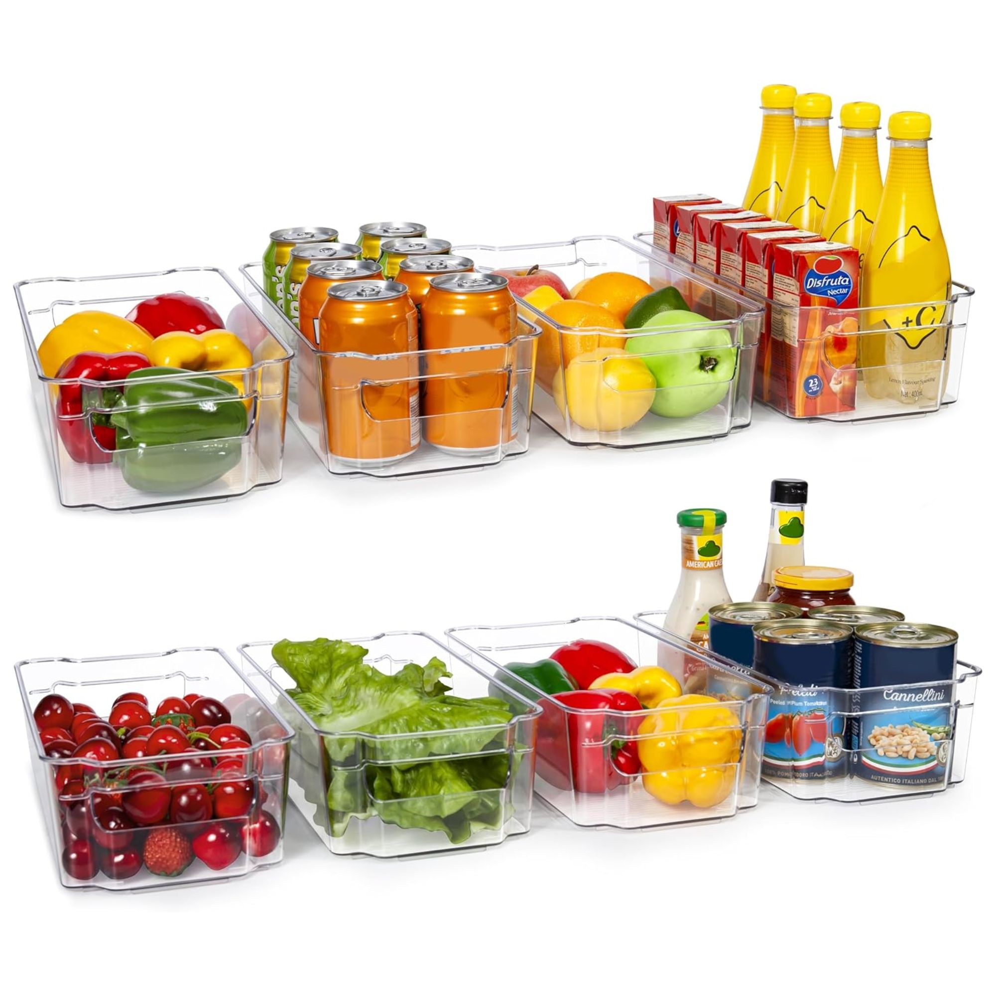Organisateurs de réfrigérateur en plastique transparent remplis d'épicerie fraîche et en conserve