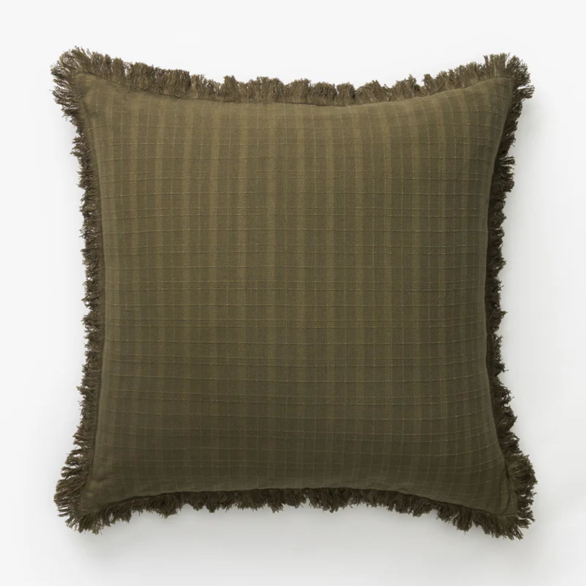 coussin carré vert olive avec bords effilochés
