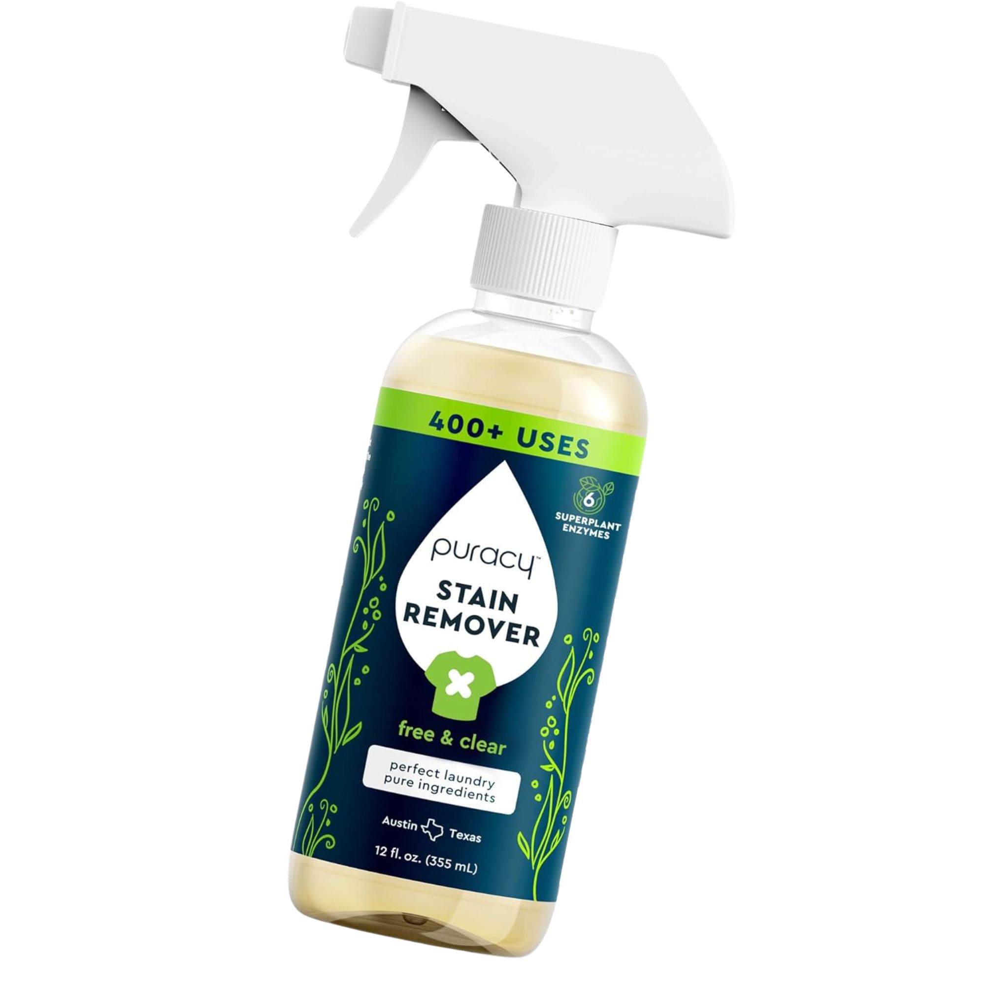 Une bouteille en plastique transparent de dissolvant de coloration Puracy avec un couvercle de pulvérisation blanc et un étiquette bleu foncé et vert