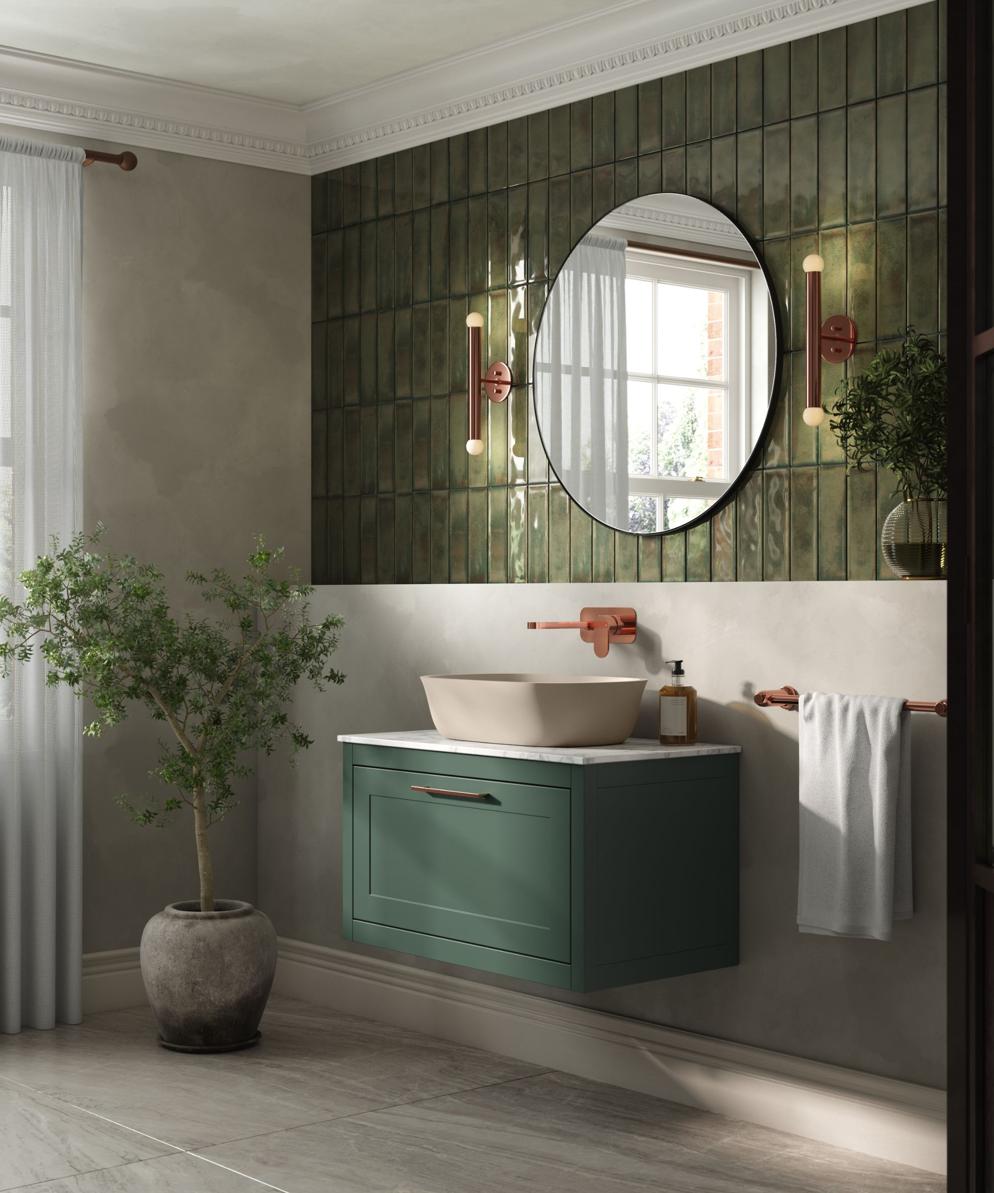Une petite salle de bain verte et blanche avec une vanité flottante