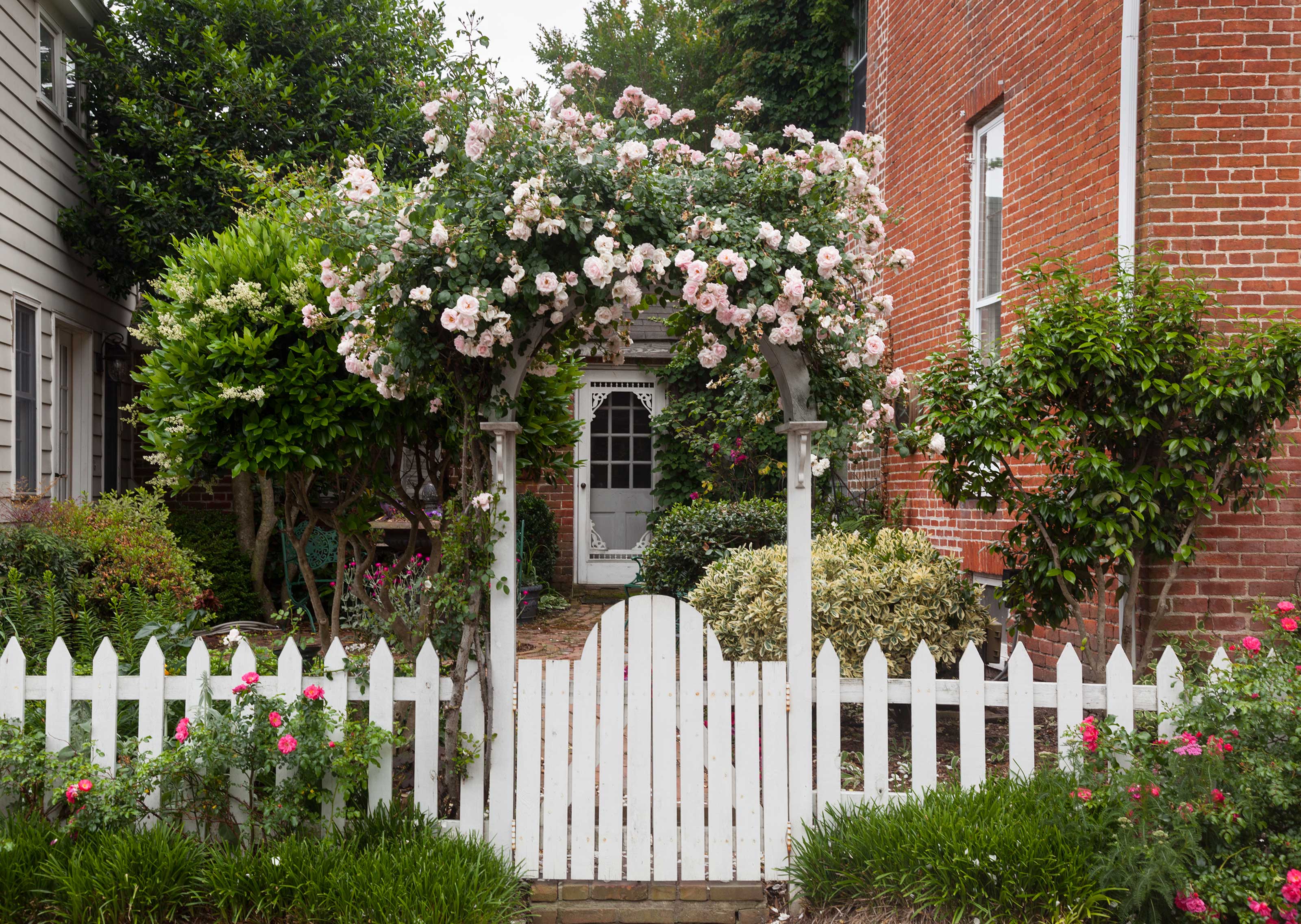 Idées de jardin: porte blanche avec des fleurs arquées sur le dessus