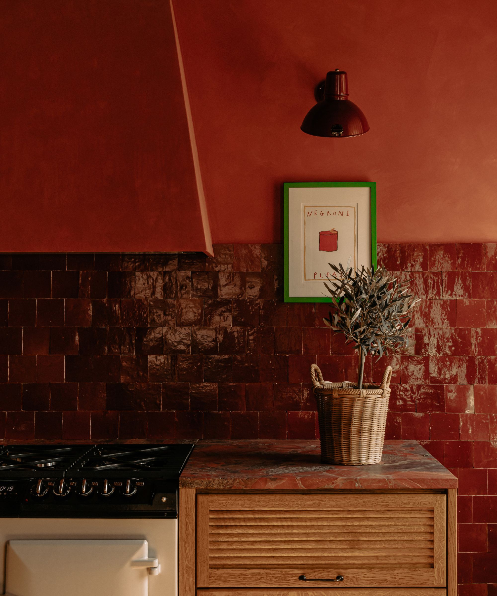 Une plante en pot sur le comptoir d'une cuisine rouge paprika avec une imprimé art à encadré vert sur le mur derrière et le coin d'une crème aga vue dans le coin
