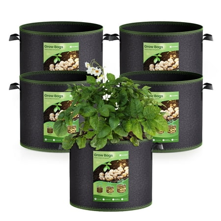 Koosom 5 sacs de culture de 10 gallons, pots de tissu non tissés robustes pour plantes / légumes, aération et durable (noir)