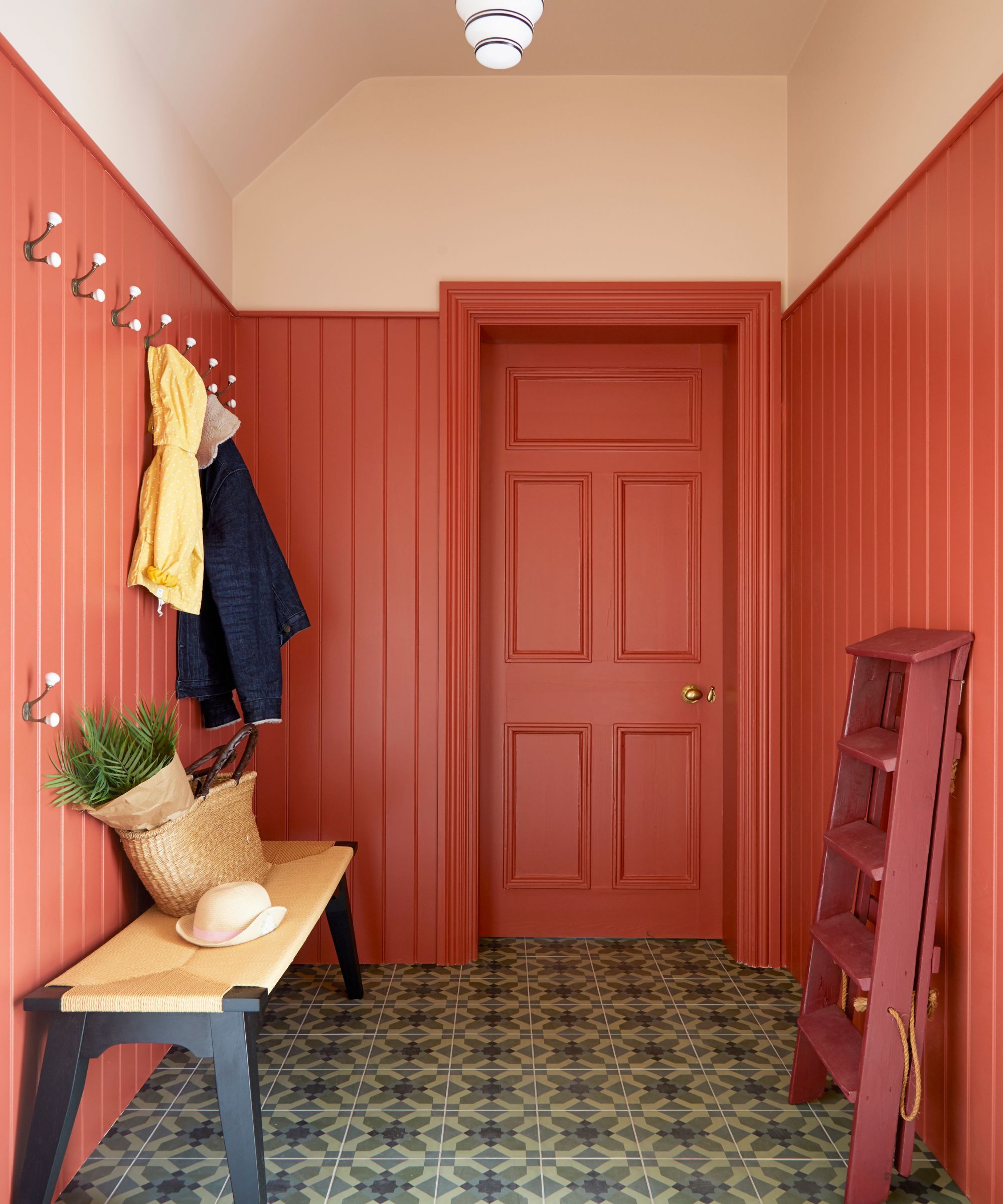 Une salle de coffre avec des murs lambrissés peints dans une peinture de corail vive. Il y a des crochets sur le mur avec des vestes de pluie et un banc avec un sac et une plante dessus. De l'autre côté de la pièce se trouve une échelle rouge penchée contre le mur.