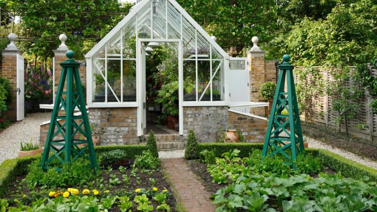 Real Garden Dulwich. Vegetable plot, obelisk, greenhouse