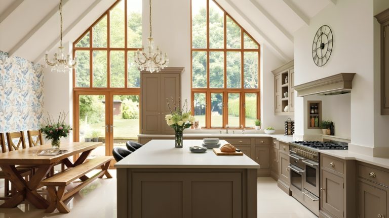 A large open-plan kitchen diner with large floor to ceiling windows, up to a pitched ceiling. Brown kitchen cabinets with an island, and a long wooden dining table to the left.