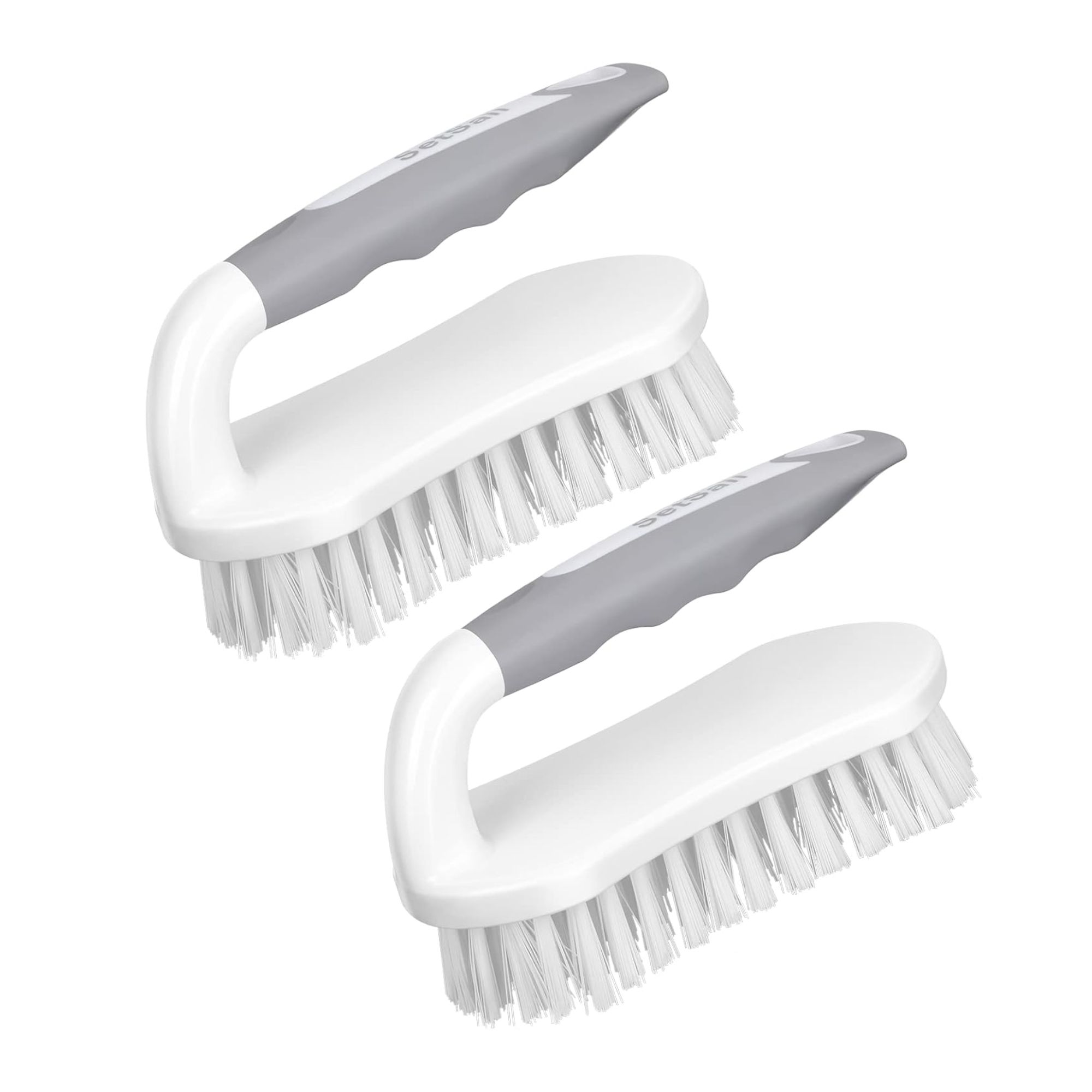 Deux brosses à poils blancs avec des poignées grises