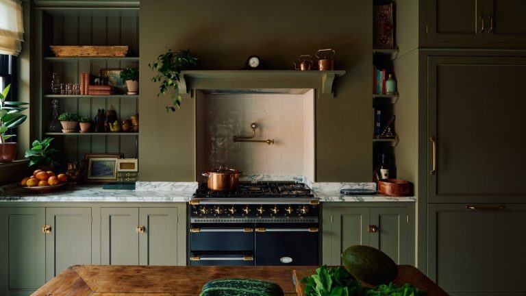 5 idées d’alcôve de gamme qui transforment cette caractéristique maladroite en le cœur de votre cuisine A dark green kitchen with a range alcove