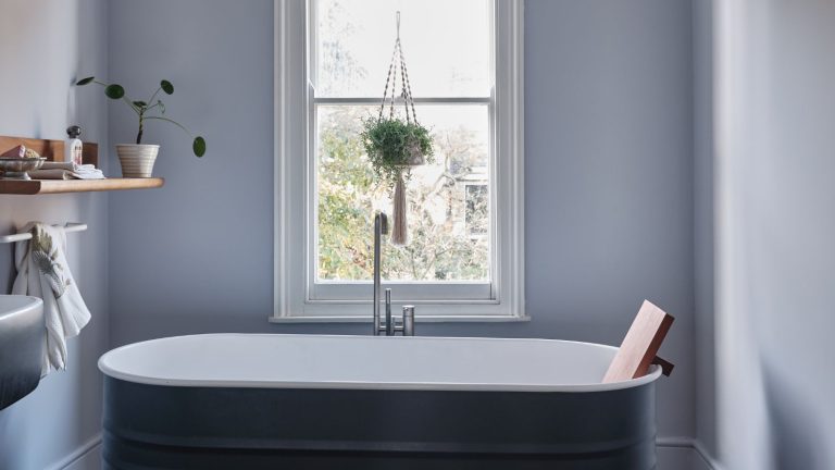 Les couleurs de la salle de bain qui sortent en 2025 – et les teintes approuvées par le designer pour décorer à la place bathroom with light gray walls, large bath in front of window with hanging plant