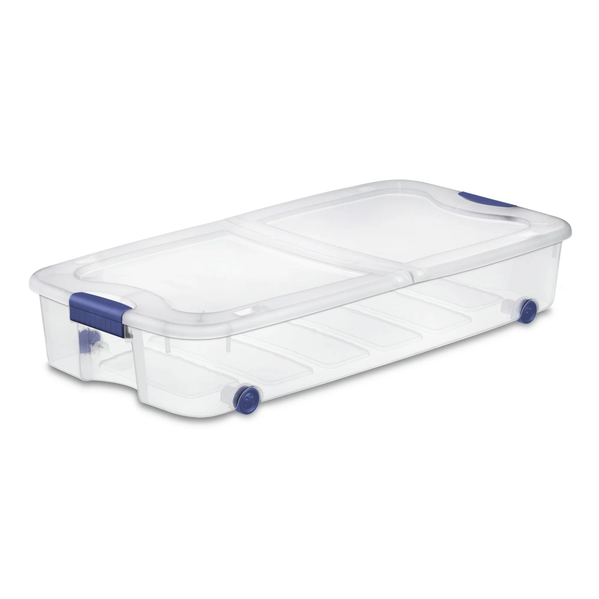 Boîte de rangement en plastique sous-lit avec roues et verres bleus