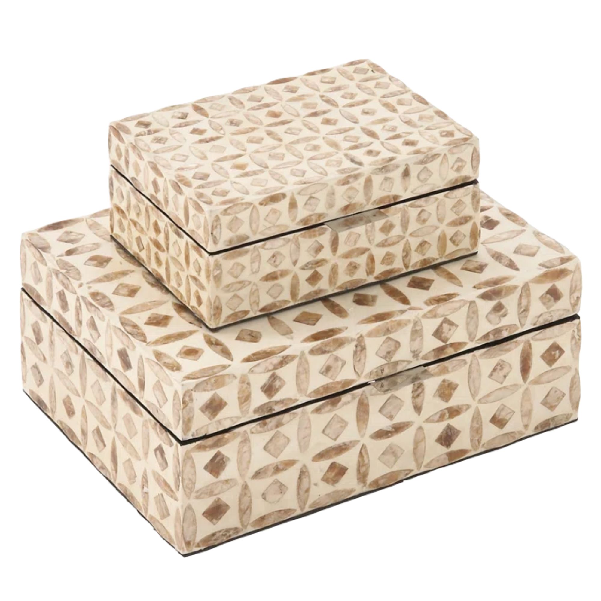 Deux boîtes de rangement beige à motifs à motifs empilées l'une sur le dessus de l'autre