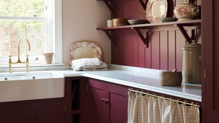 7 choses que vous ne devriez jamais nettoyer à sec, des vêtements de bébé aux vêtements actifs, et que faire à la maison plutôt Burgundy cottage laundry room with white counters, gold rail across the cabinet with a curtain instead of a door. There are peach and cream china plates on display on a shelf