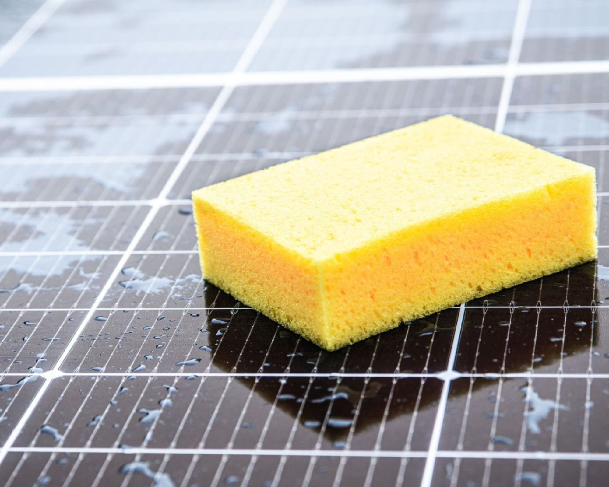 Nettoyage d'un panneau solaire avec une éponge jaune