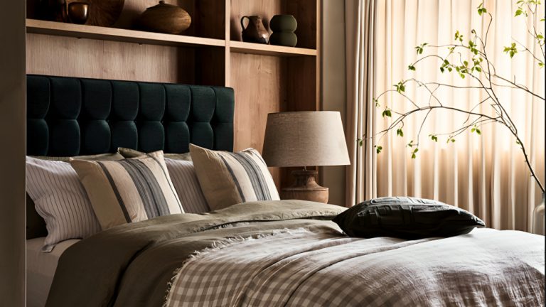 La méthode de désencombrement d’expiration a éliminé les choses que je tenais «juste au cas où» – et mon placard est enfin exempt de «pièces d’ancrage» qui provoquent une culpabilité A green upholstered bed built into wooden shelving