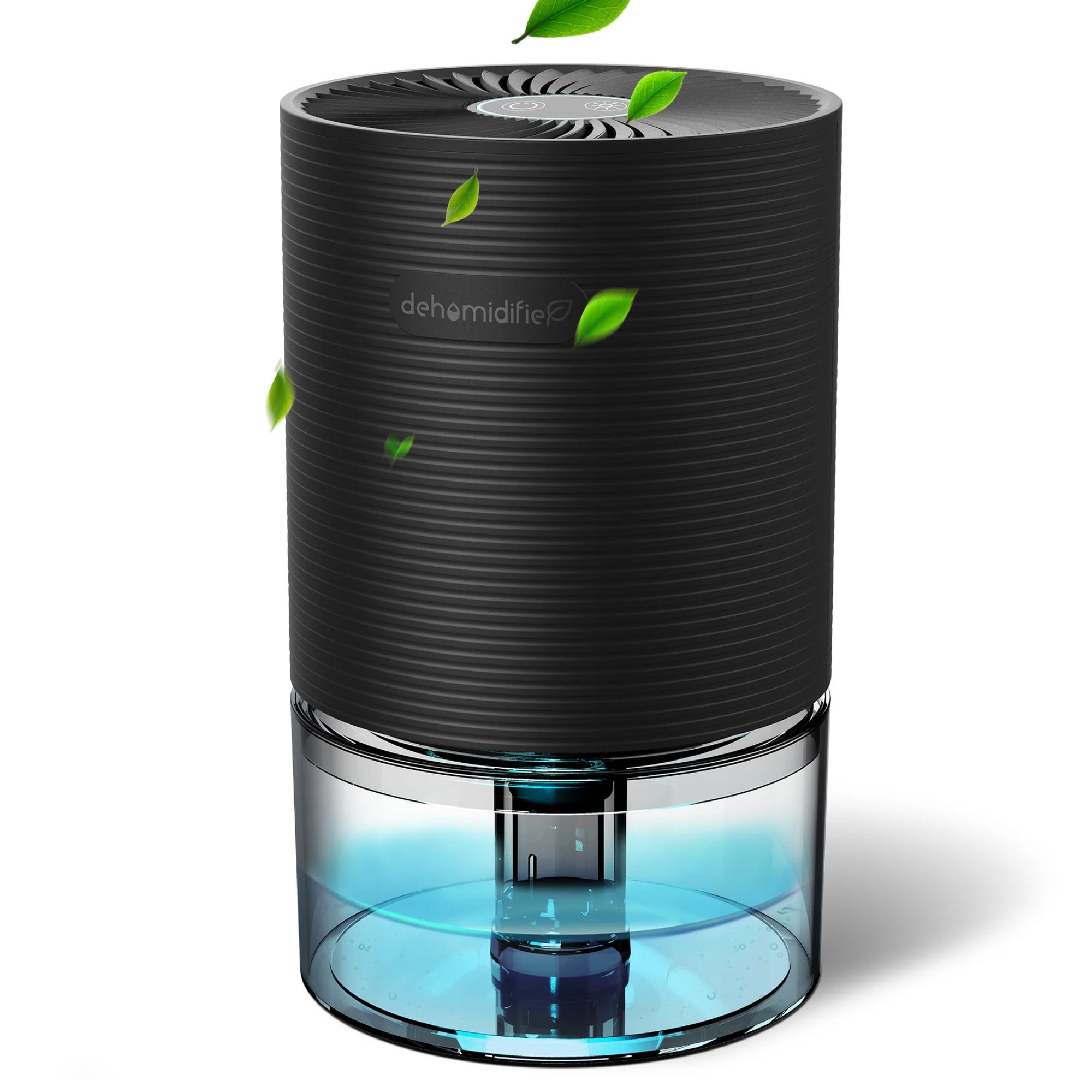 Un déshumidificateur cylindrique noir avec réservoir d'eau bleue