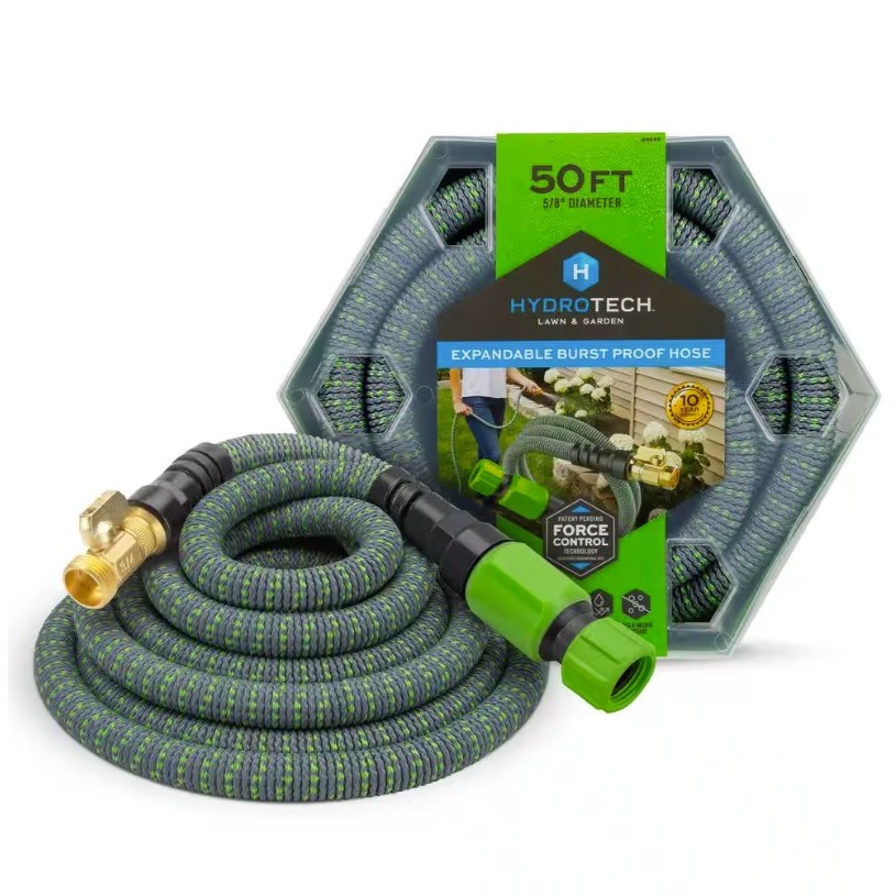 Hydrotech extensible du tuyau d'eau de jardin, illustré en emballage et sans, sur fond blanc.