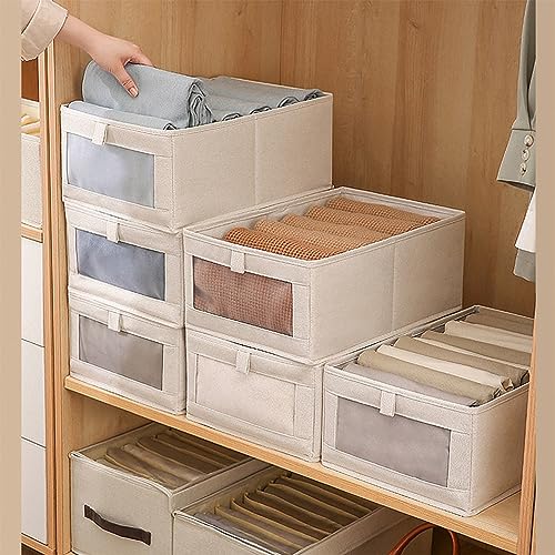 Organisateurs de placards en lin et stockage, 4 bacs de stockage de rangement de placard en lin Paniers de placard en lin pour l'organisation de placard pour les poubelles d'organisateur de placard pliable avec fenêtre claire pour organiser les vêtements, les jeans, les étagères