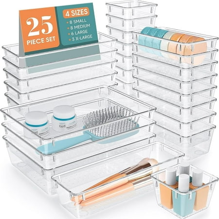 Taimasi 25 PCS Ensemble d'organisateurs de tiroir en plastique transparent, 4 tailles Organisateurs de diviseur de tiroir et bacs de rangement pour le maquillage, les bijoux, les gadgets pour la cuisine, la chambre, la salle de bain, le bureau