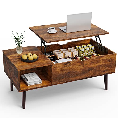 Table basse sucré, tables basses levées pour le salon, petites tables de centre de restauration en bois avec étagère de rangement et compartiment caché, marron