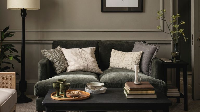 A deep sage green living room, with a velvet green-grey sofa behind a black coffee table.