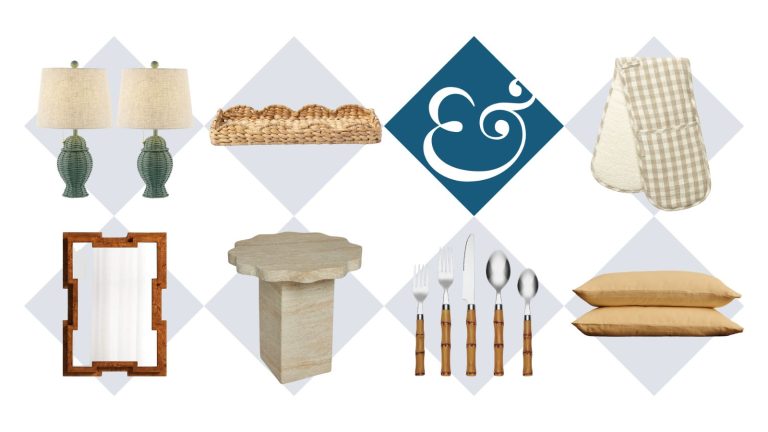 9 choses peu coûteuses que je fais des achats en ce moment pour rendre ma maison chère – aucune rénovation requise collage of shopping products: green rattan table lamps, rattan scalloped tray, gingham oven mit, burl wood mirror, marble scalloped side table, bamboo flatware, and yellow linen pillowcases