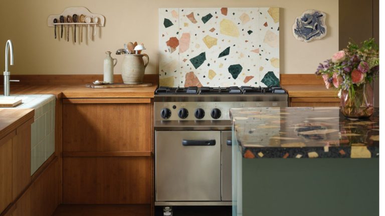 Mid-century kitchen with Terrazzo splash back and range cooker