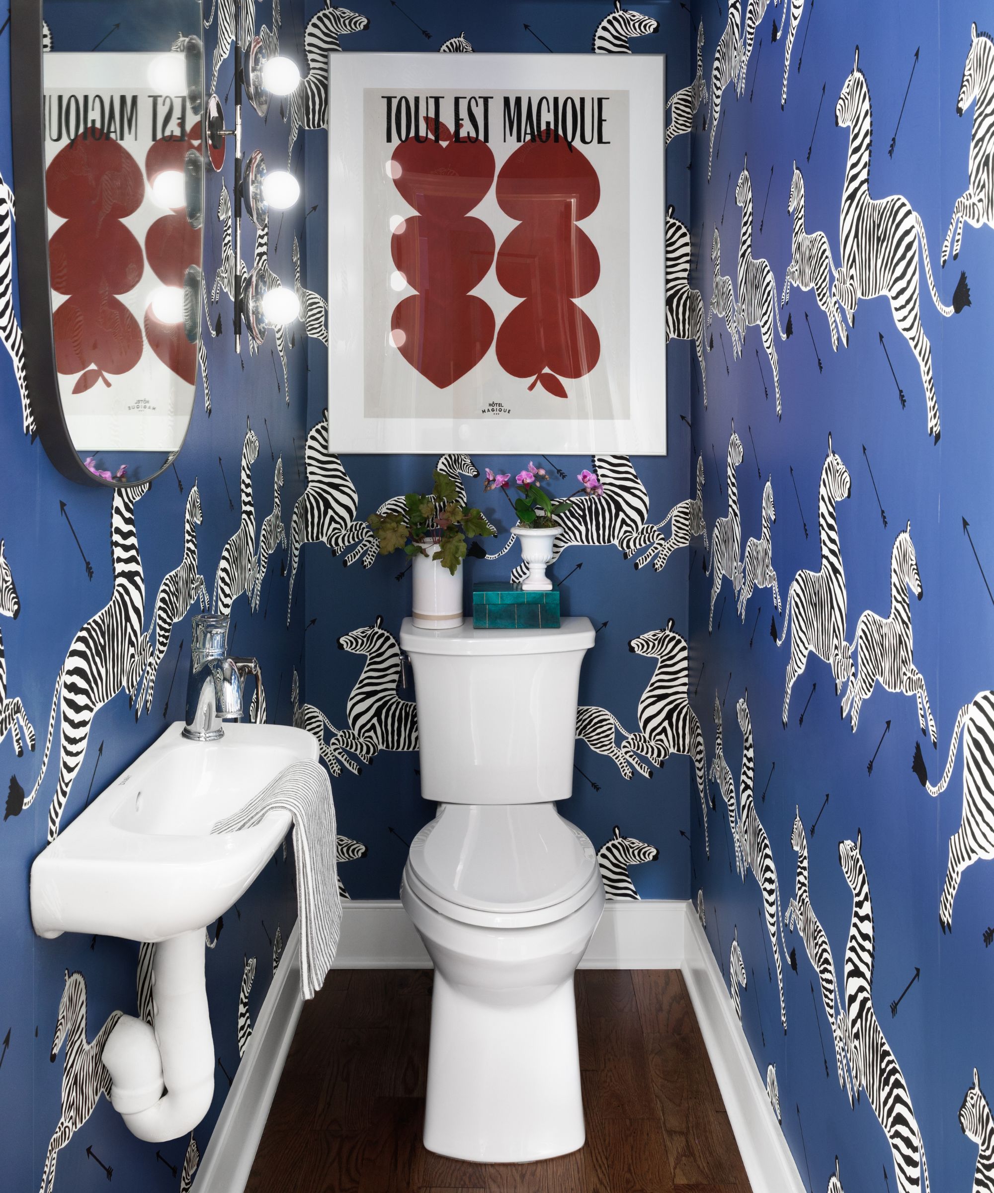 Salle poudre avec papier peint en zèbre bleu et imprimer au-dessus des toilettes