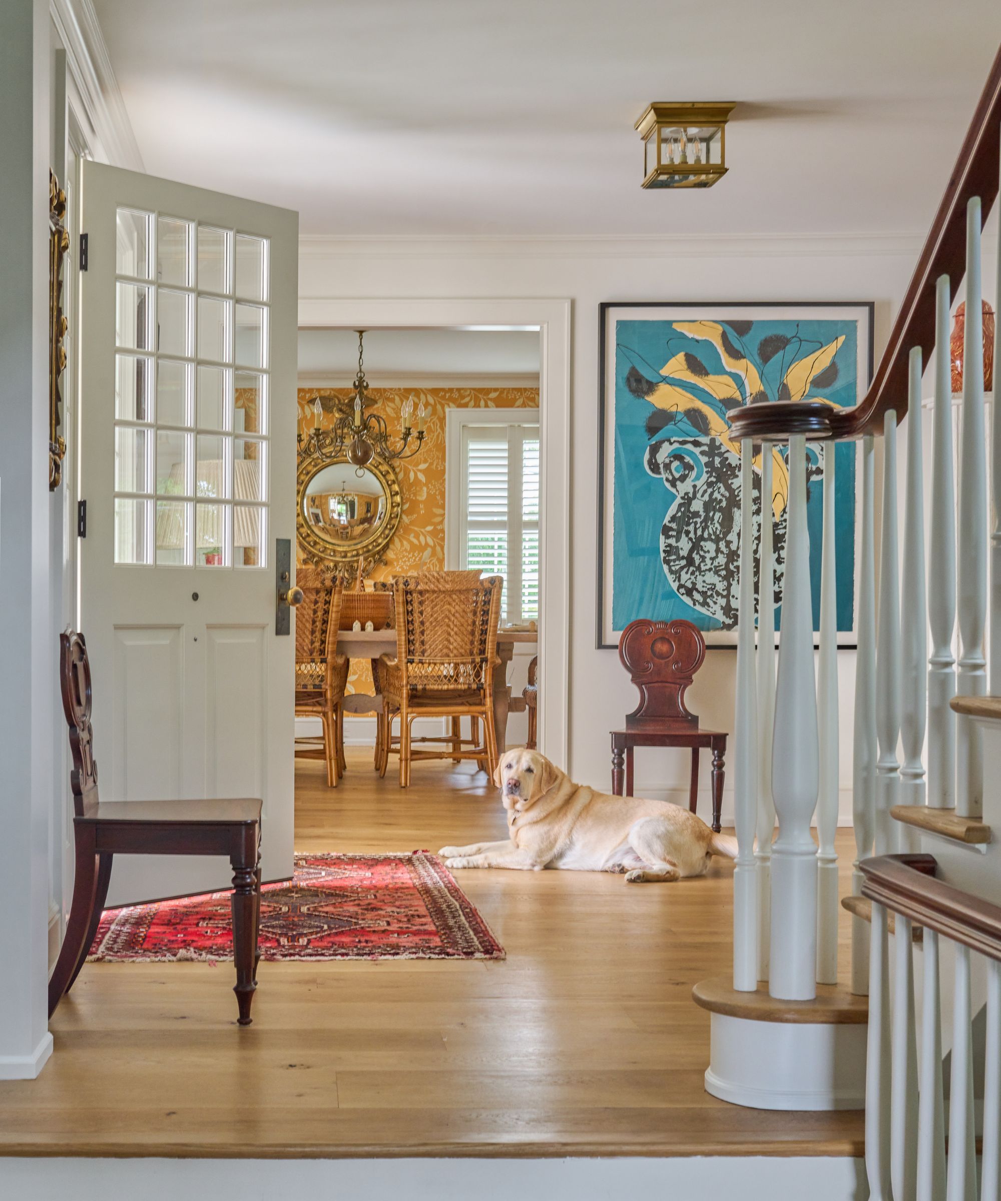 Entrée blanche avec planchers en bois grande douleur bleue et deux chaises d'accent en bois