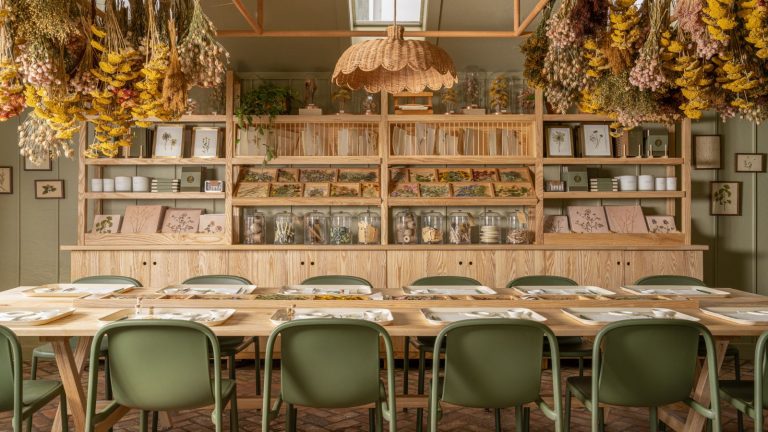 Le dernier projet de Joanna Gaines voit un entrepôt délabré transformé en un bel espace de travail – elle décrit l’espace comme «brut mais raffiné» Room with sage green walls, long wood dining table and wood bookcase with rattan pendant light, dried hanging flowers and green chairs