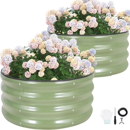 G Beau gain Round Routed Garden Bed - 2pcs 2x2x1ft Planter en acier galvanisé extérieur avec garniture de bord en caoutchouc | Lits surélevés en métal pour les légumes de jardinage Fleurs Fruits Herbes (vert olive)