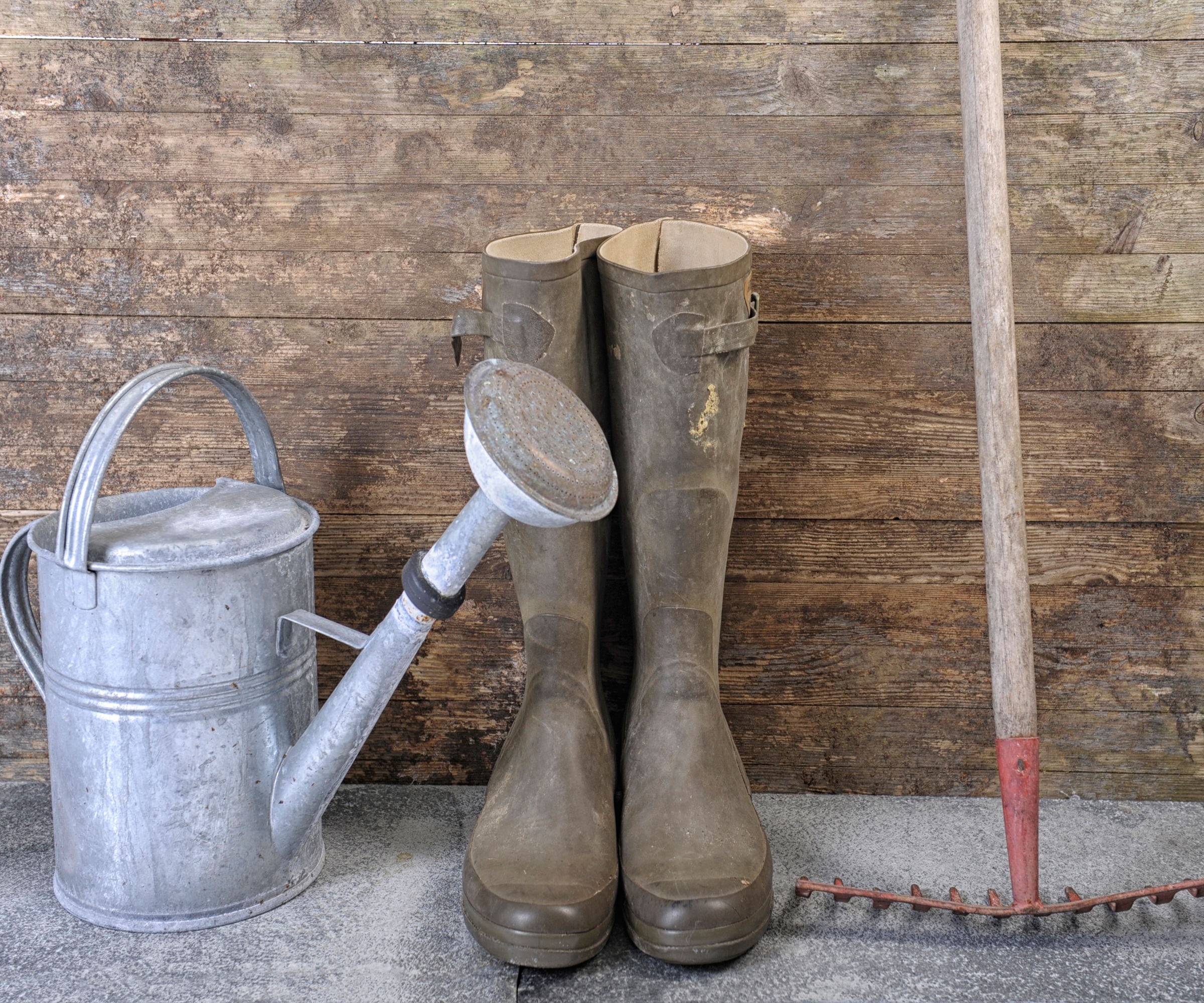 Bottes en caoutchouc, râteau, arrosage, outils de jardin